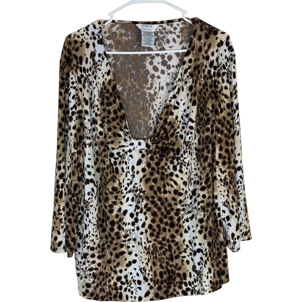 George Women Plus Leopard Print‎ Twist Neck Long Sleeve Top 26W 28W